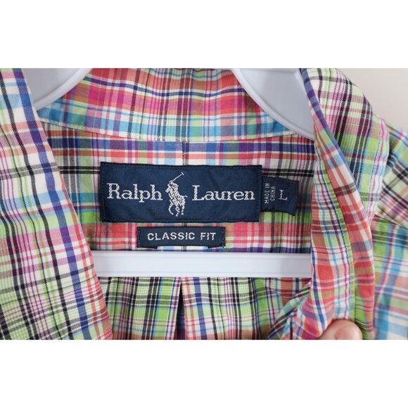 Vintage 90s Ralph Lauren Mens Large Classic Fit Rainbow Plaid Button Down Shirt - Picture 7 of 11
